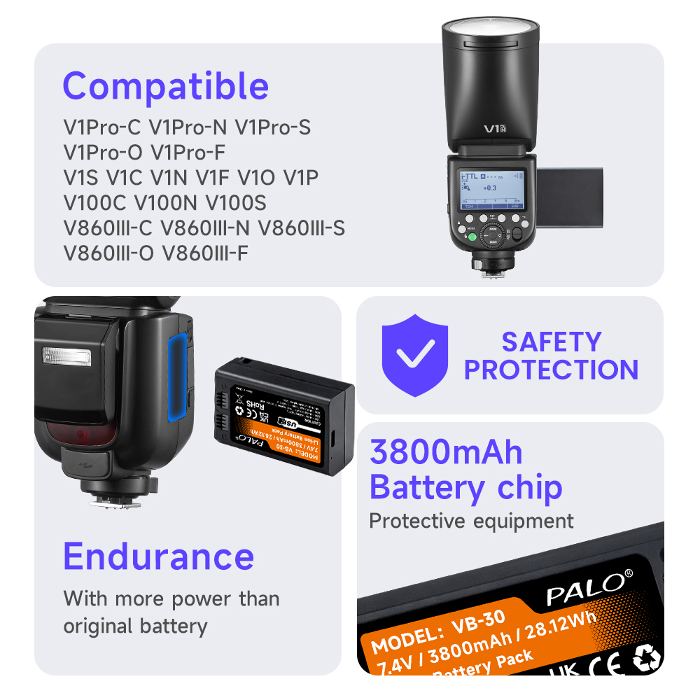 Godox Speedlite Flash - 3800mAh VB30 Li-ion Rechargeable Battery Pack